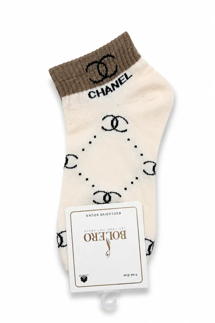 جوراب مچی زنانه پنبه طرح شنل (Chanel) بژ روشن/کرم
