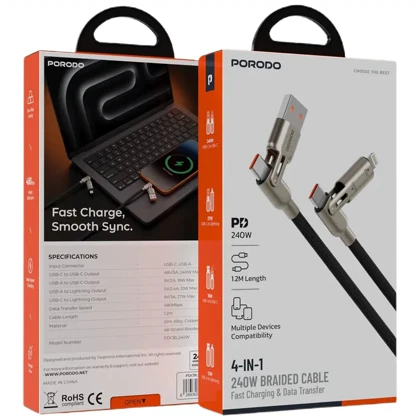 کابل شارژ 4 در 1 پورودو Porodo مدل PDCBL240WBK توان 240 وات 1.2 متر