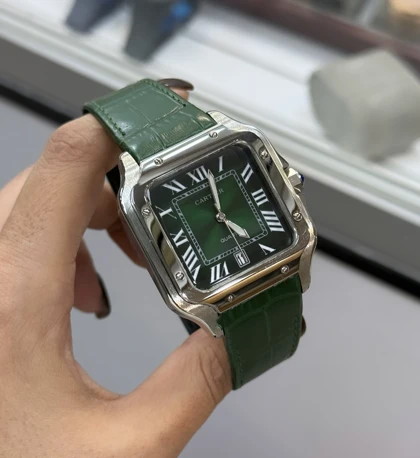 ساعت کارتیر سانتوس مردانه نقره ای بند سبز Cartier Santos