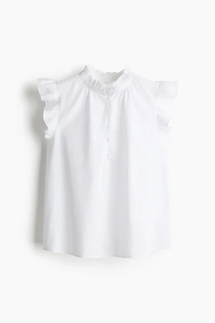 بلوز لینن آستین چین‌دار دکمه سفید H&M271