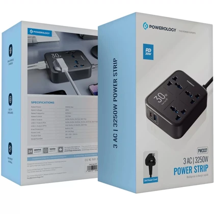 چند راهی و محافظ برق 3250 وات سه سوکت، یک USB و یک تایپ‌سی پاورولوژی PWCUQC037