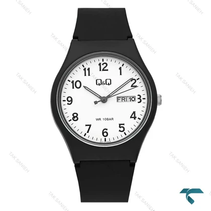 کیو کیو مردانه دو تقویمه صفحه سفید بند مشکی رابر QQ-7768-G