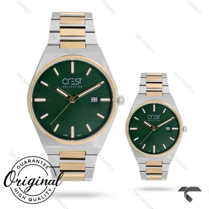 ساعت کرست ست 6287-2 دورنگ طلایی صفحه سبز Crest-11280-S