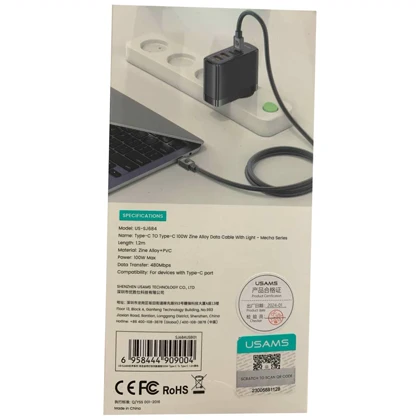 کابل سوپر فست شارژ و انتقال داده دو سر تایپ سی 100 وات 1.2 متری یوسامز US-SJ684