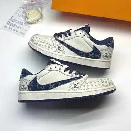 کفش نایک ایر جردن وان لو تراویس اسکات لویی ویتون کرم آبی Nike Air Jordan 1 Low Travis Scott Louis Vuitton Cream Blue