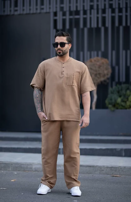 ست مردانه پیراهن شلوار سه دکمه کنفی