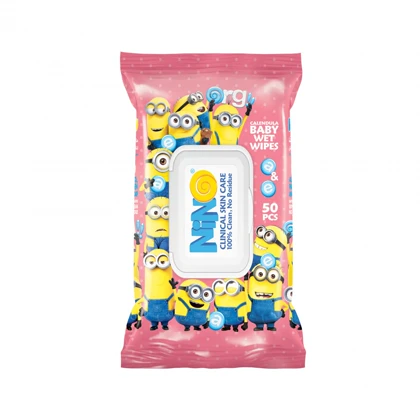 دستمال مرطوب کودک حاوی کالاندولا 50 برگی صورتی مینیون درب دار نینو