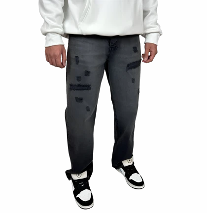 شلوار جین مردانه نیم بگ - رنگ خاکستری امبره زاپ‌دار - با وصله تیره