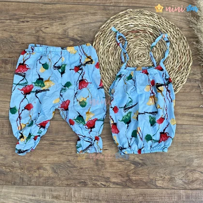 تاپ شلوارک نخی آبی گل‌دار