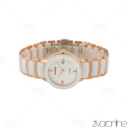 ساعت رادو زنانه سرامیکی دو رنگ رزگلد صفحه سفید 105018
