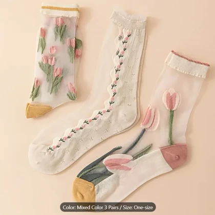 جوراب فانتزی طرح گل شیشه ای