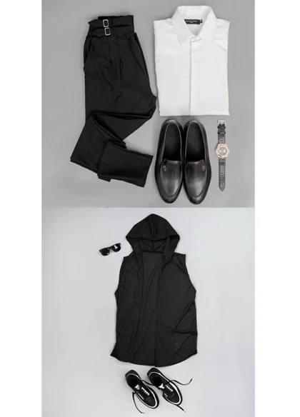 پکیج شنل کلاه دار مردانه+شلوار مشکی دو سگک مردانه مدل Migel