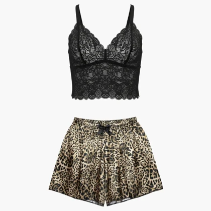 لباس خواب زنانه مدل گیپور و ساتن پلنگی 101