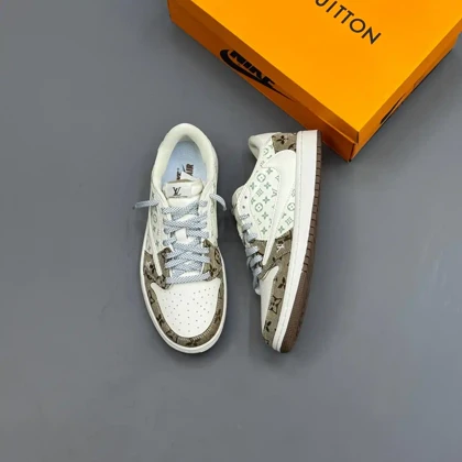 کفش نایک ایر جردن وان لو تراویس اسکات لویی ویتون سفید قهوه ای Nike Air Jordan 1 Low Travis Scott Louis Vuitton White Brown