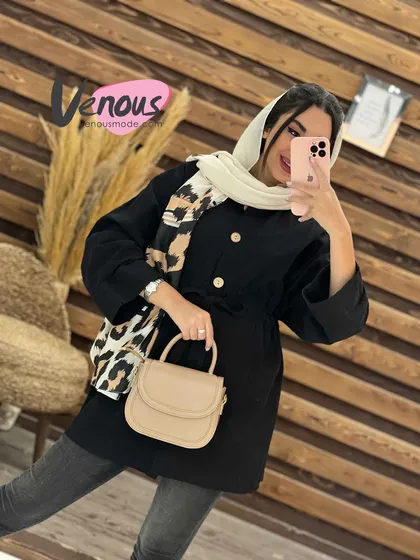 مانتو لینن کمرگت دکمه چوبی
