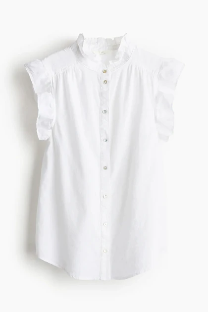 بلوز لینن آستین چین‌دار دکمه صدفی H&M270