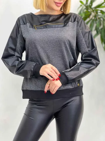 بلوز ترکیبی چرم دار جلو زیپ