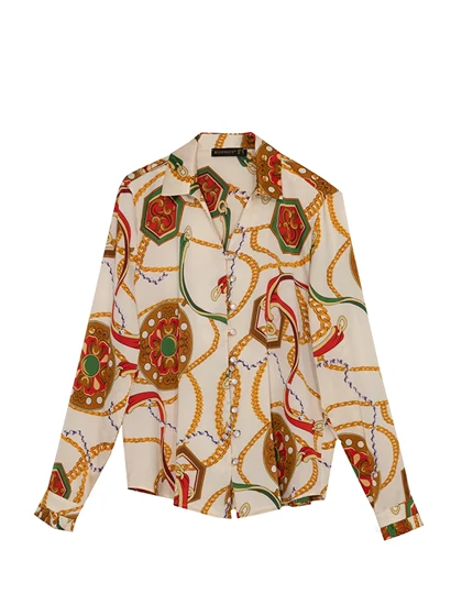 شومیز زنانه ساتن طرح دار یقه هفت آستین بلند 30109