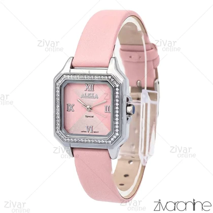 ساعت الکسا اسپشیال A2019 زنانه صفحه صورتی دور نگین بند چرمی 106214