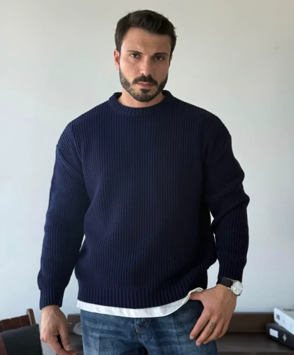 ژاکت درشت بافت فندقی سرمه ای مردانه فری سایز مناسب سایزهای L تا 2XL