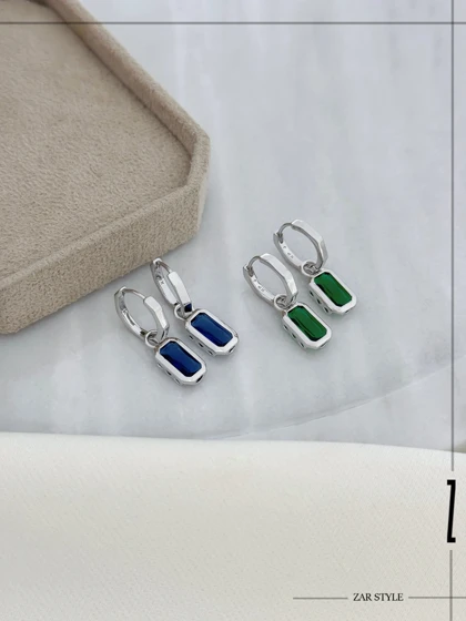 گوشواره حلقه‌ای دو قطعه آویز نگین مستطیلی سیلور