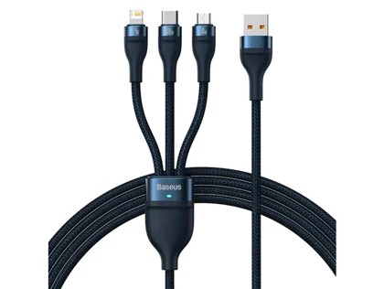 کابل شارژ و دیتا سه‌سر میکرو، تایپ‌سی و لایتنینگ بیسوس Baseus Flash Series One-for-three Fast Charging Data Cable USB (CASS040001)