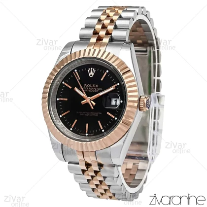 ساعت رولکس دیت جاست مردانه رزگلد نقره ای صفحه مشکی ایندکس خطی 106115