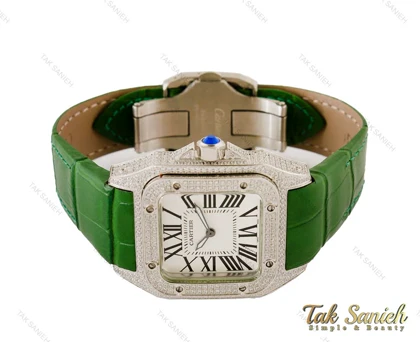 ساعت کارتیر زنانه دورنگین بند چرم سبز Cartier-4082-L