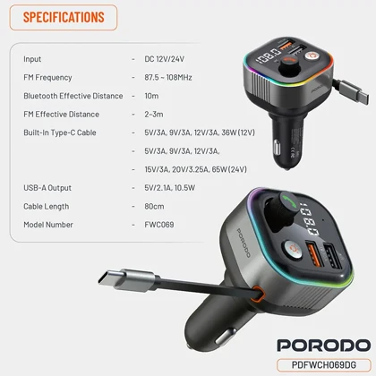 شارژر فندکی و فرستنده FM پورودو Porodo مدل PDFWCH069DG توان 65 وات