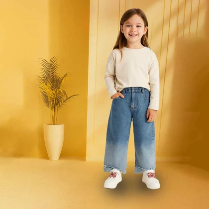 شلوار بگ دخترانه جین مدل پاکتی ریش دار