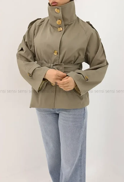 ترنچ کت یقه ایستاده کتان@کد1004635