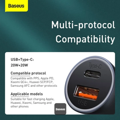 شارژر فندکی فست شارژ ماشین تایپ‌سی 40 وات بیسوس TZCCJD-B0G با کابل تایپ‌سی به لایتنینگ
