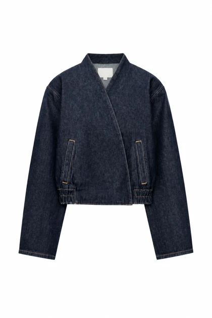 بامبر جین کیمونو زنانه – مدل وراپ تیره (Dark Indigo Wrap Denim Jacket)