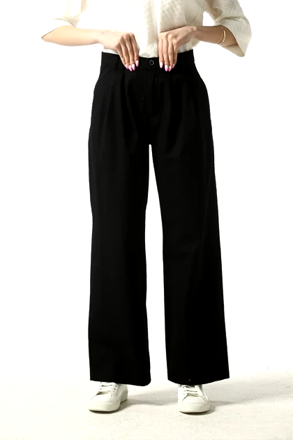 شلوار کتان پیلی دار نیم بگ زنانه