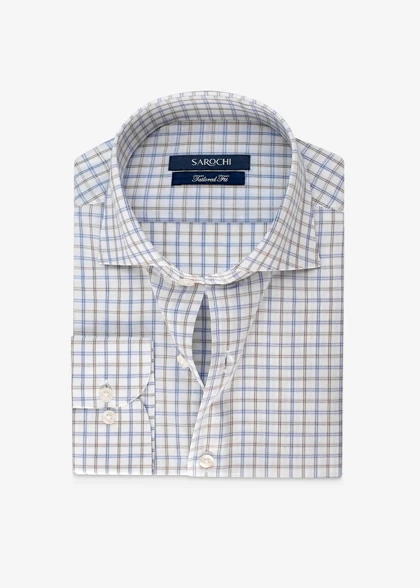 پیراهن کلاسیک نخ پنبه چهارخانه کرم آبی