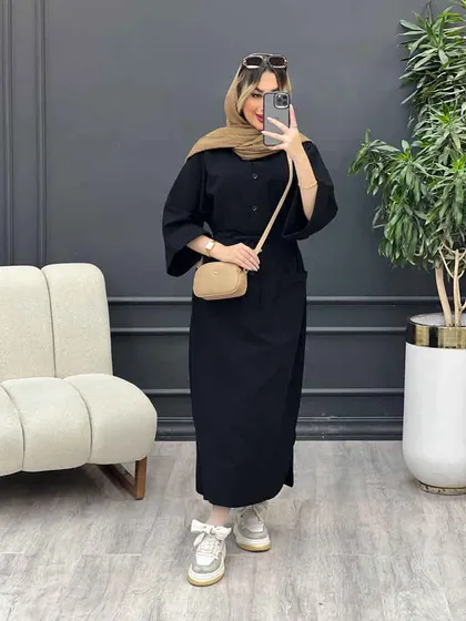 پیراهن بلند کمر گت تک جیب