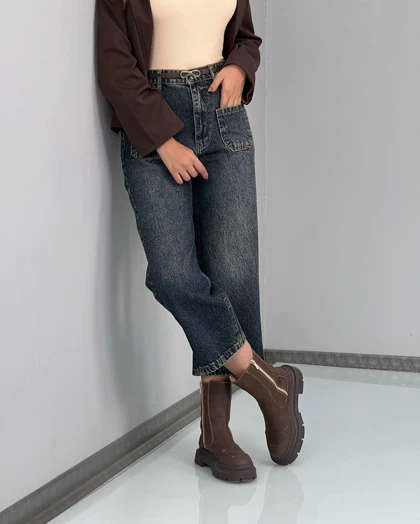شلوار واید جین آبی جلو جیب