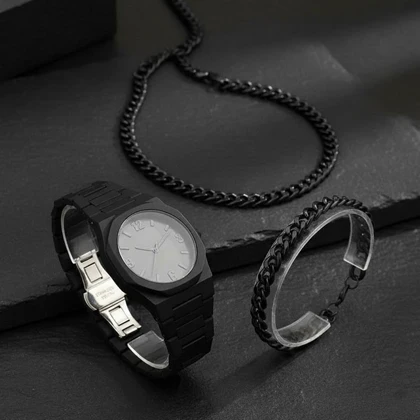 ست مردانه ساعت و دستبند و گردنبند solid black-مشکی