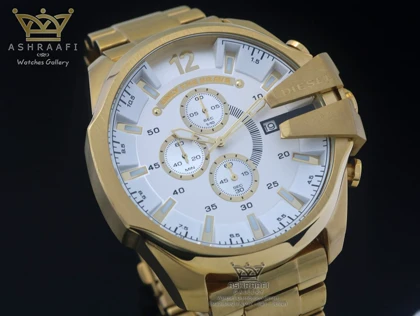 ساعت دیزل شاخدار صفحه سفید بند طلائی DIESEL 2051F