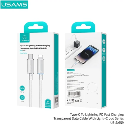 کابل تایپ سی به لایتنینگ یوسامز US-SJ659 توان 30 وات 1.2 متر