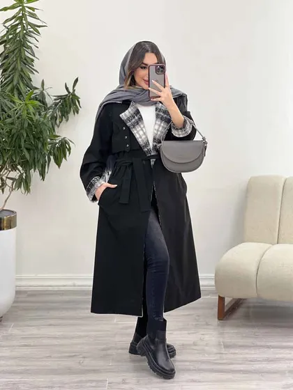 بارانی یقه چهارخونه پرچ دار