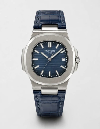 ساعت پتک فیلیپ ناتیلوس مردانه نقره ای بند چرم سرمه ای Patek Philippe Nautilus