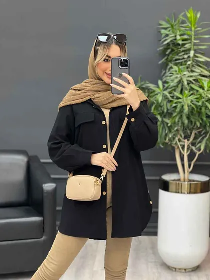 مانتو دکمه چوبی جیب نما