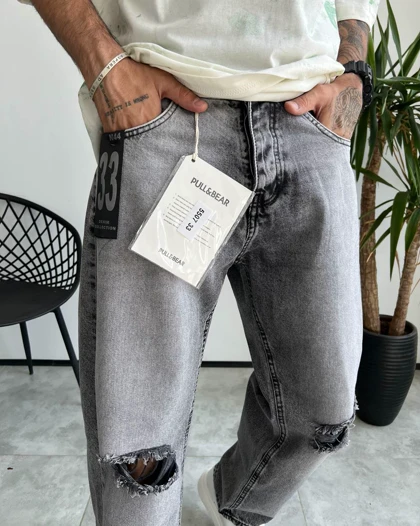 شلوار بگ استایل طوسی زانو زاپ‌دار PULL&BEAR