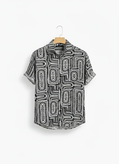 پیراهن مردانه طرح هندسی آزتک مشکی نخی پریمیوم، استایل متفاوت