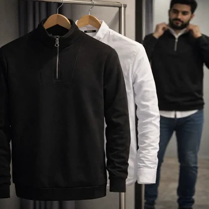 پکیج دورس مردانه نیم زیپ مدل Behbod-مشکی + پیراهن مردانه سفید مدل VQ