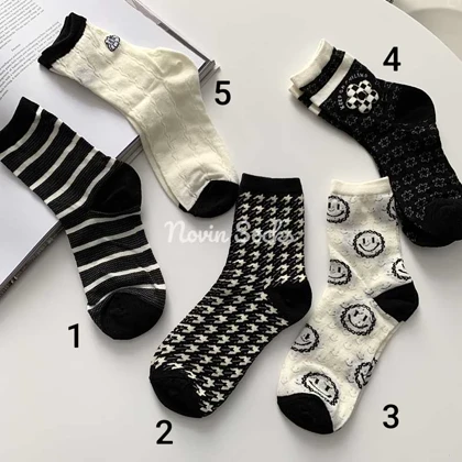 جوراب نیم ساق توری سفید مشکی طرحدار