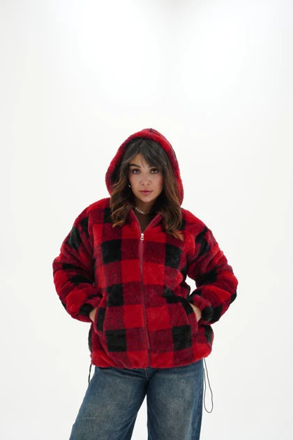 کاپشن زنانه کلاهدار تدی ضخیم قد 70