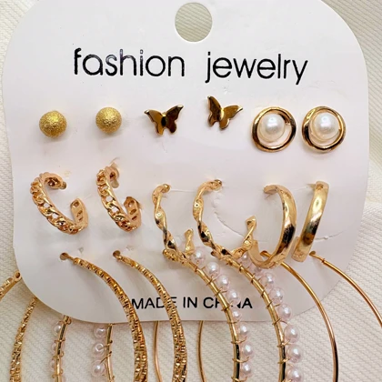 پک 9 جفتی گوشواره طلایی مدل «پروانه» | مجموعه میکس مرواریدی و زنجیری (اقتصادی)