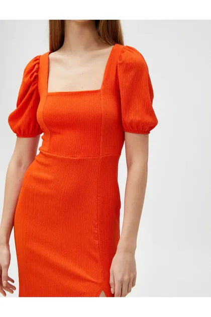 لباس میدی آستین بادکنکی یقه مربعی چاک‌دار 3SAL80038IK